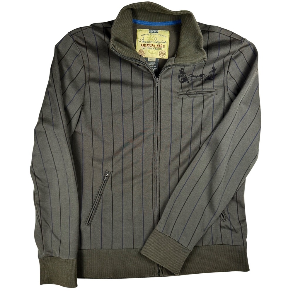American Rag Mens Pinstripe Track Jacket Olive Green Full Zip Crest Large - Picture 1 of 8